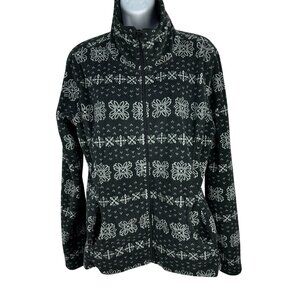 Old Navy Womens Large Fleece Zip-Up Jacket Black White Nordic Pattern Mock Neck